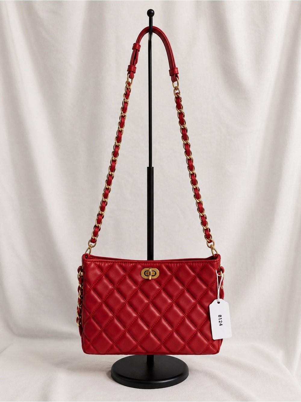 Quilted Red Shoulder Bag with Gold Chain Strap